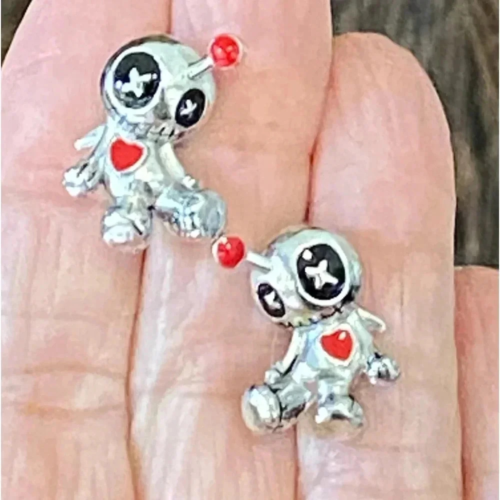 Cute Goth Voodoo Doll Silver Stud Earrings NEW